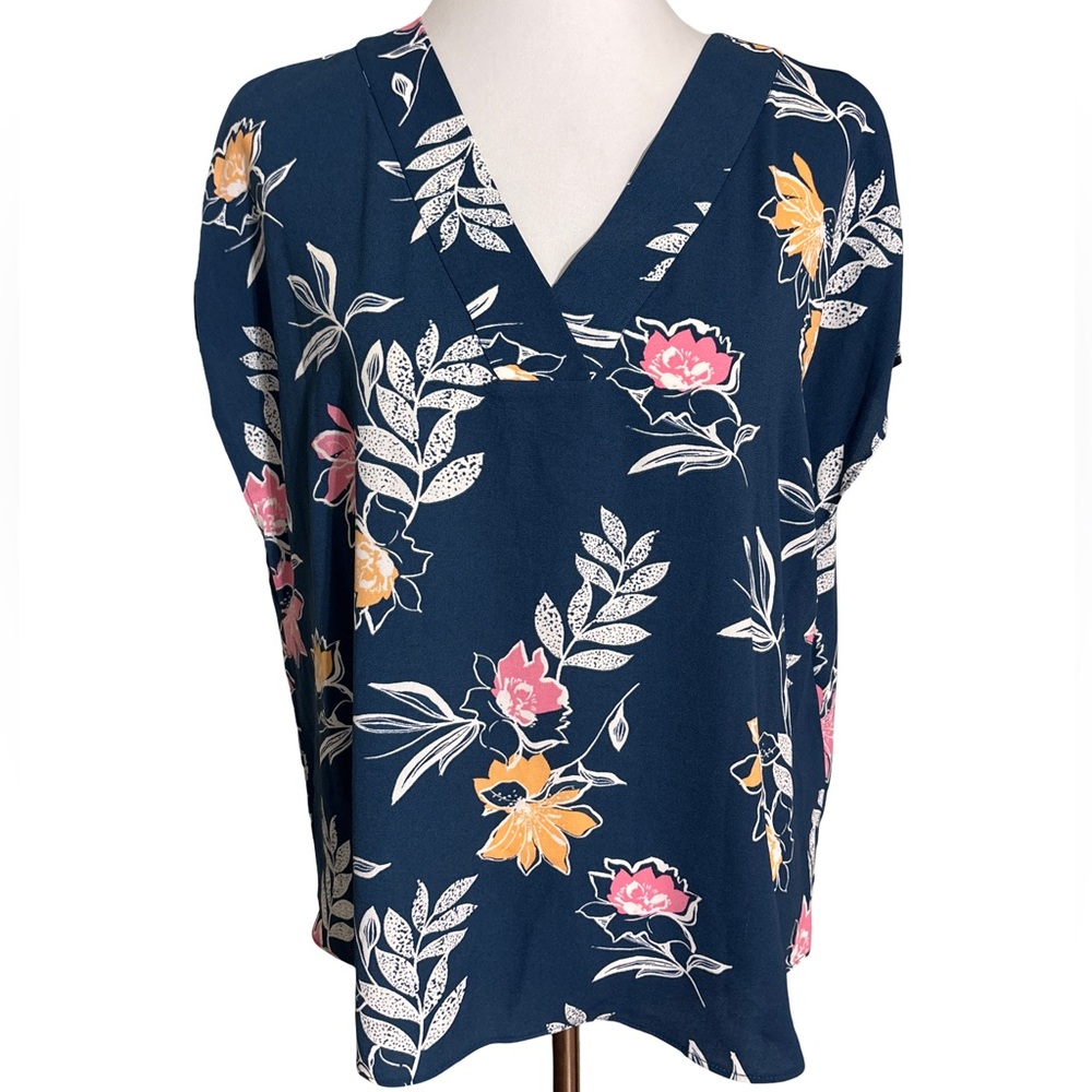 DKNY Navy Pink Yellow Floral Print Blouse